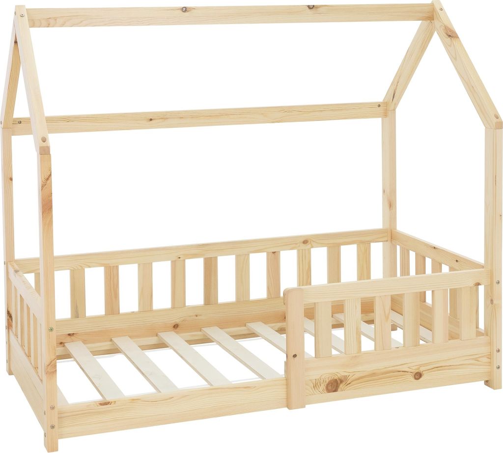 ML-Design Kinderbett 70x140 cm mit Rausfallschutz, Dach und Produktbild 