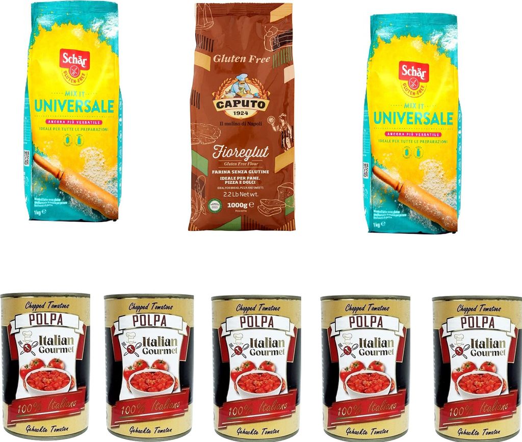Caputo Schär Mix it Universale Miscela di farine Gluten-frei Mehl 3x 1Kg + und Italian Gourmet Polpa di pomodoro Fein gehacktes Tomatenmark 5x 400g