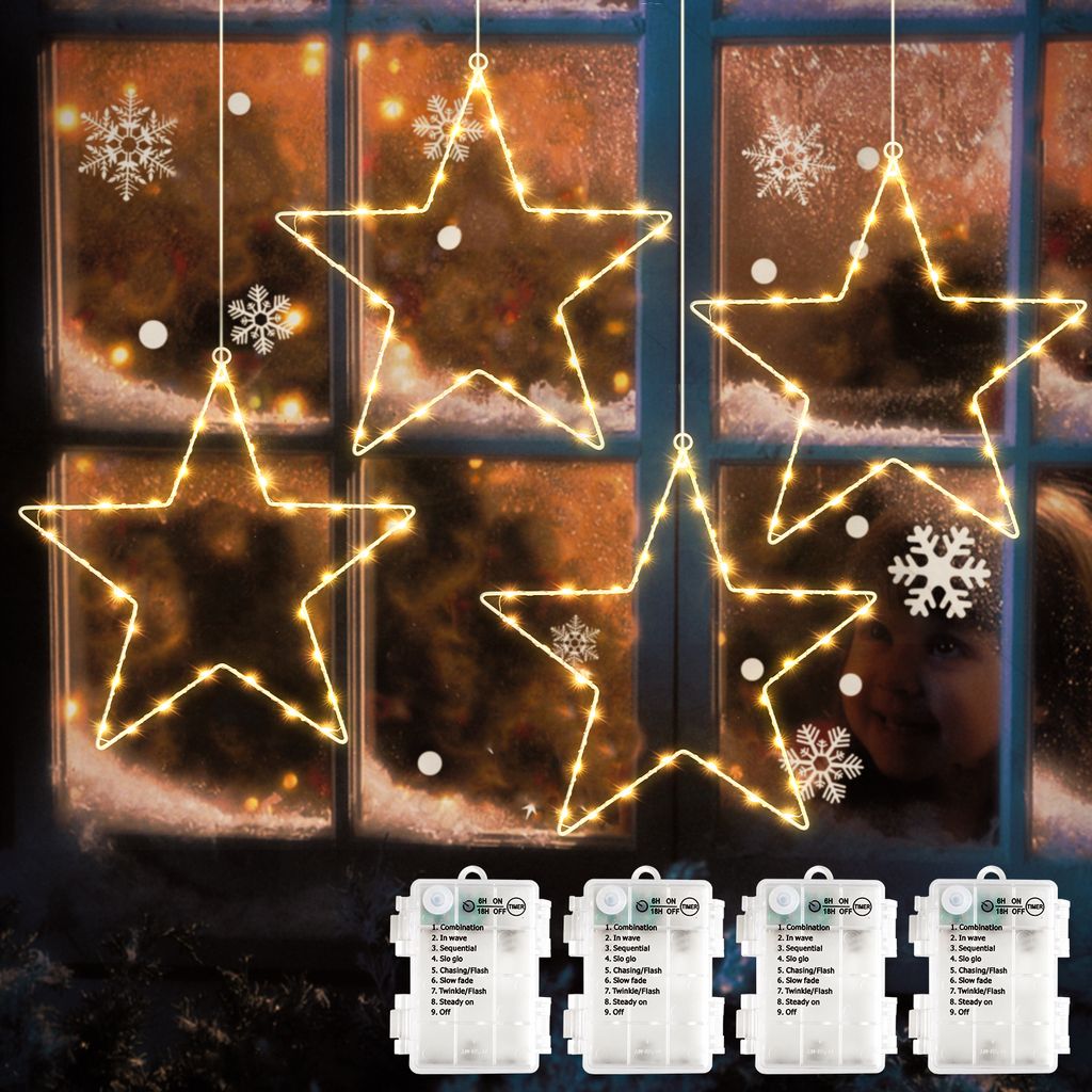 SALCAR 4 Stück 120 LED Lichterkette LED Stern Fenster Deko Weihnachten Stern Batterie Beleuchtet Hängende 8 Modi mit Timer & Speicher Warmweiß