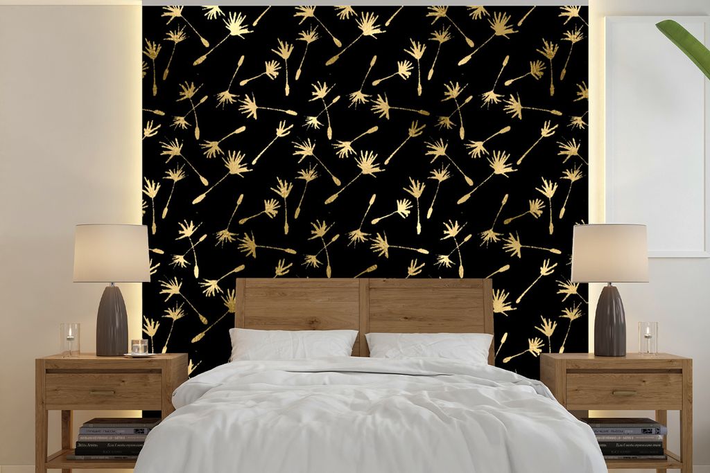 MuchoWow Fototapete für Wohnzimmer oder Schlafzimmer Wandtapete Vinyl Motivtapete Muster - Saatgut - Gold - 220x220 cm - Tapeten