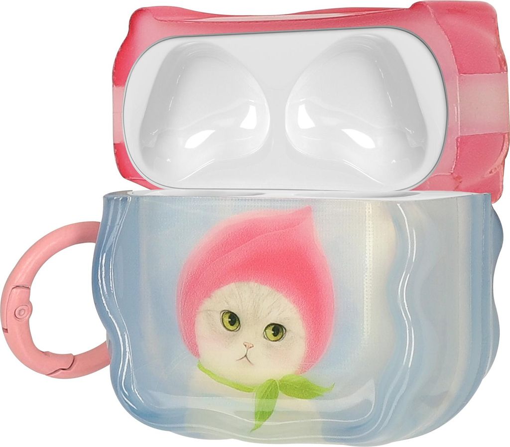 kwmobile In-Ear Kopfhörer Case für Apple Airpods 4 Hülle mit Karabiner - Headphones Case - Earphones Cover Etui - Katze mit Pfirsichhut