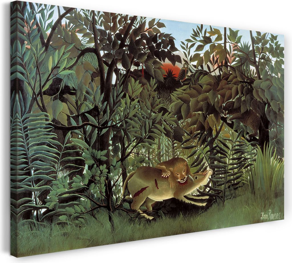 Leinwandbild (120x80cm): Henri Rousseau - Hungriger Löwe, echter Holz-Keilrahmen inkl. Aufhänger, handgefertigt in Deutschland