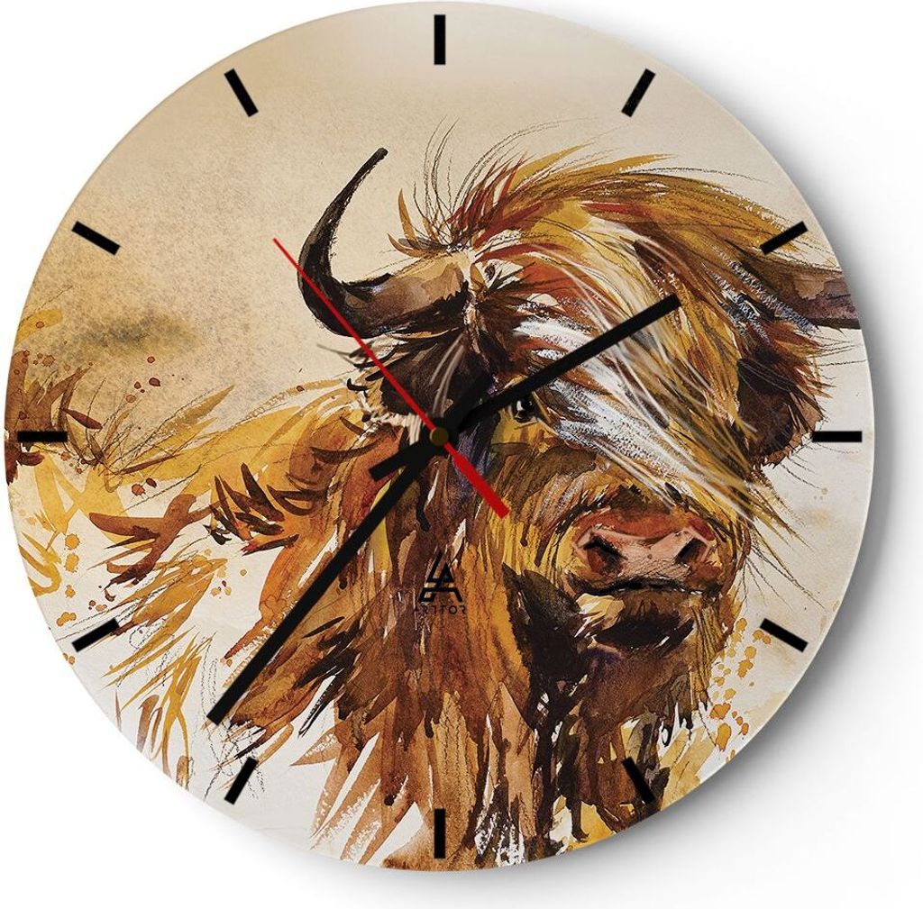 Wanduhr - Rund - Glasuhr - Stier Scotch Aquarell - 30x30cm - Schleichendes Uhrwerk - Lautlos - zum Aufhängen bereit - Dekoration Modern - Wanddeko...