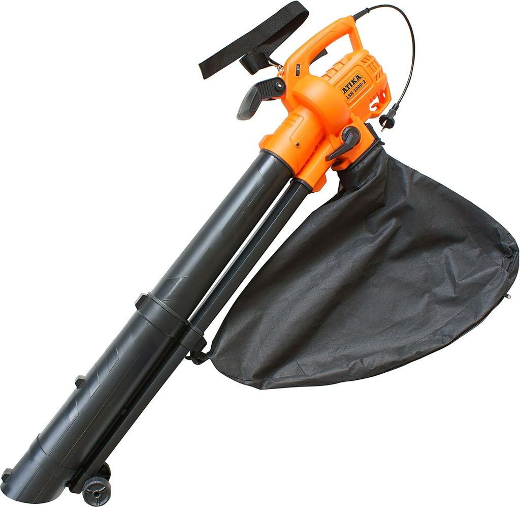 An orange and black leaf blower with a collection bag, shown against a white background.