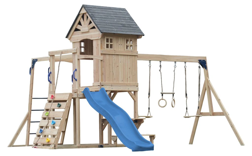 AXI Duncan Spielturm aus Holz mit 2 Schaukeln & Rutsche in Blau | XXL Spielhaus / Spielplatz für Kinder mit Klettergerüst, Kletterstangen & Trape...