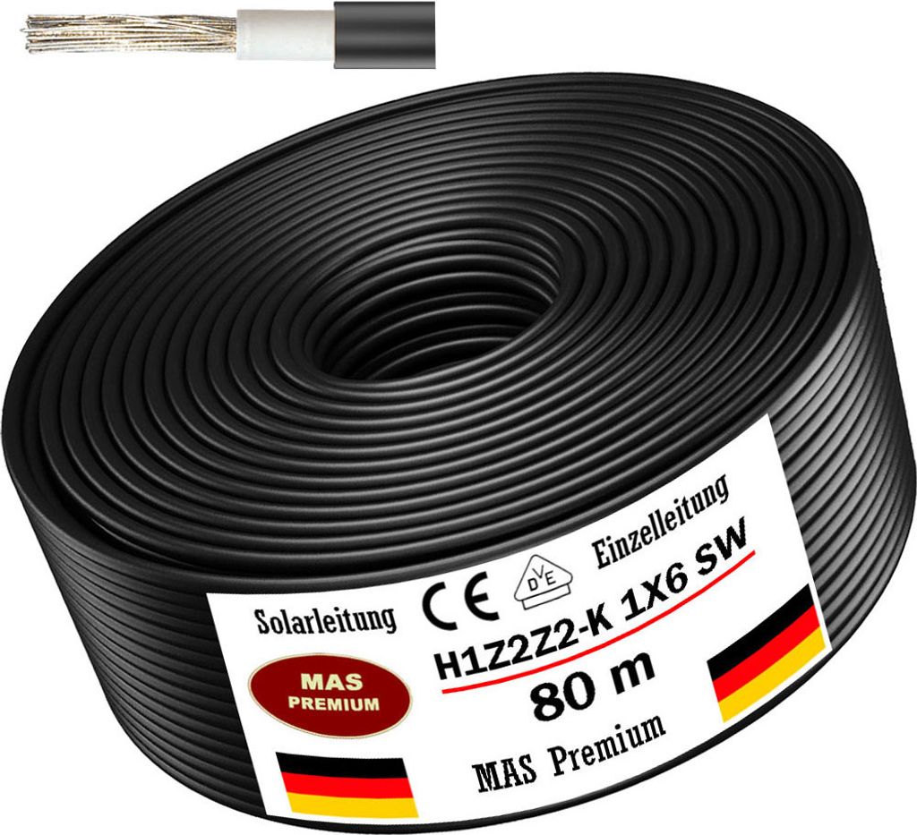 80m Solarleitung Solarkabel H1Z2Z2-K 6 mm² Schwarz Photovoltaik Halogenfrei
