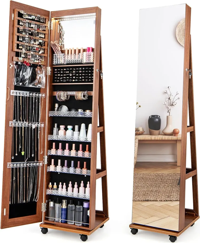 Miroir sur Pied Étagère à Bijoux Brun pour Rangement Maquillage et Soins