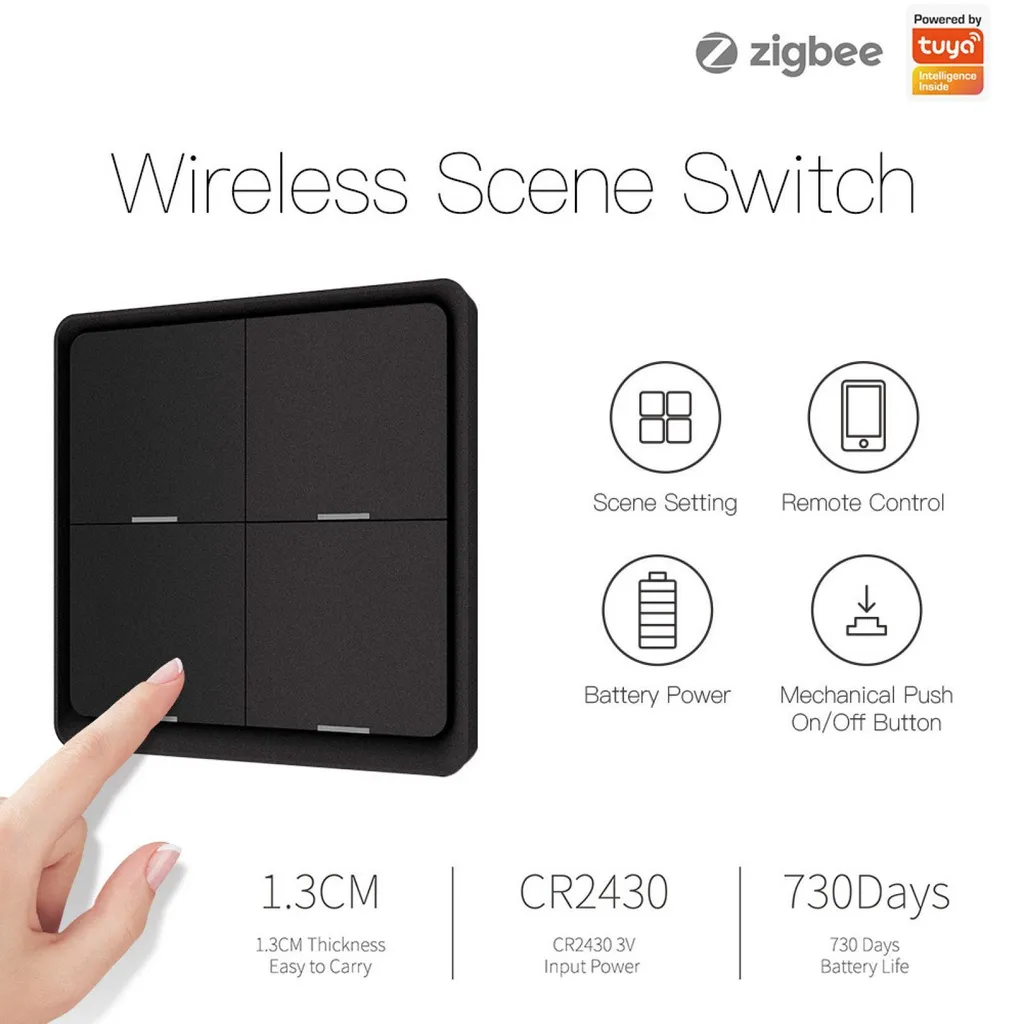 Télécommande de Scène ZigBee 4 Boutons Noire pour Éclairage et Stores - 9