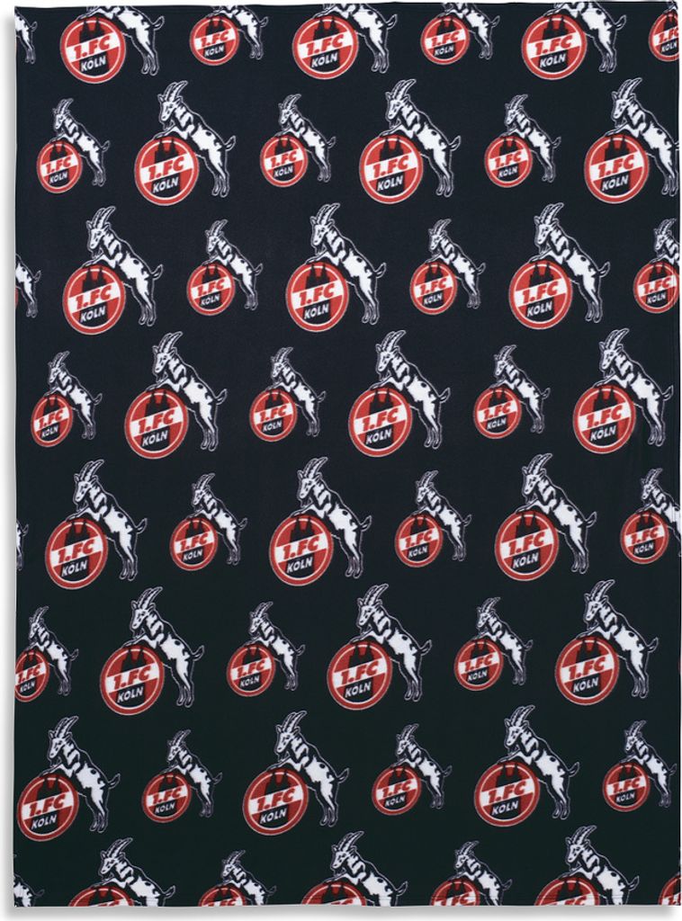 A repeating pattern of goats and the 1. FC Köln logo on a black background.