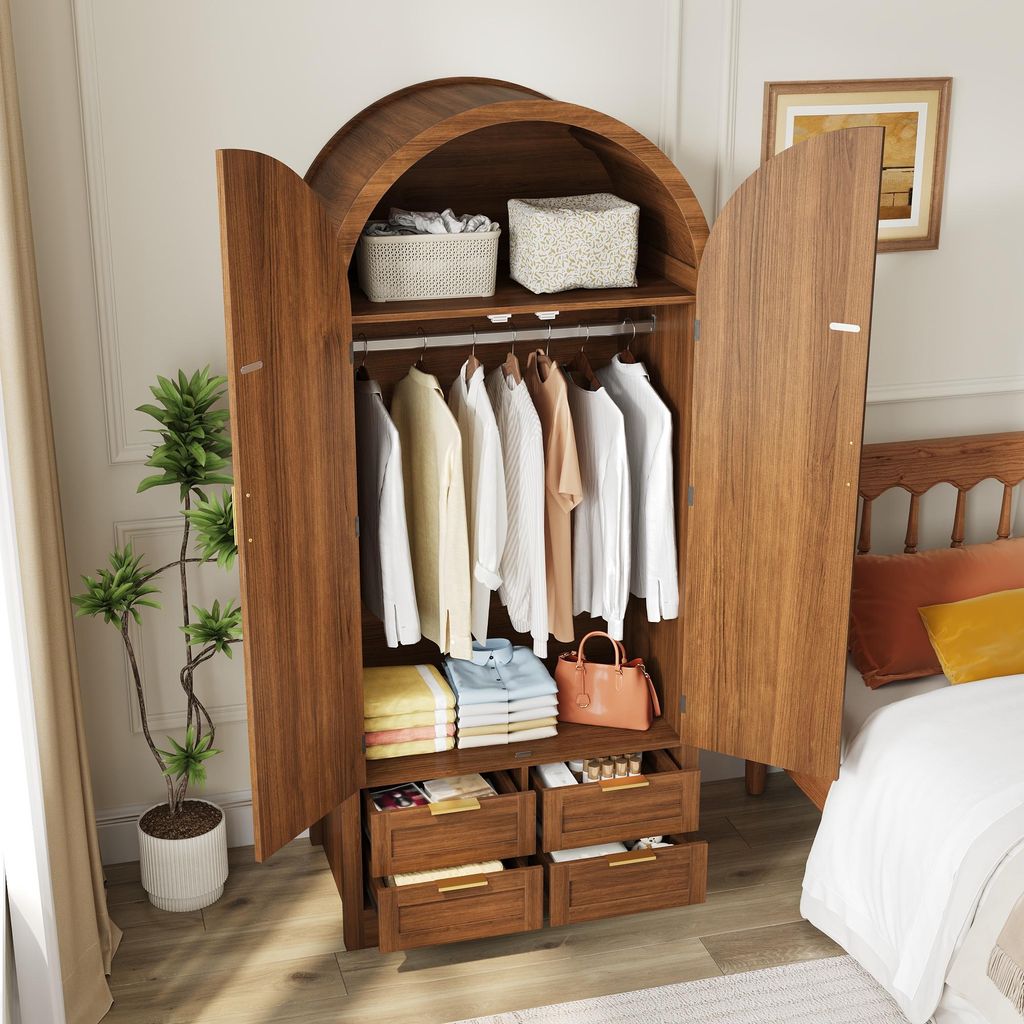 STILVORA Moderner Kleiderschrank mit gebogenen Türen Großzügiger Stauraum mit Kleiderstange und Schubladen Highboard mit Rattan-Türverkleidung ...