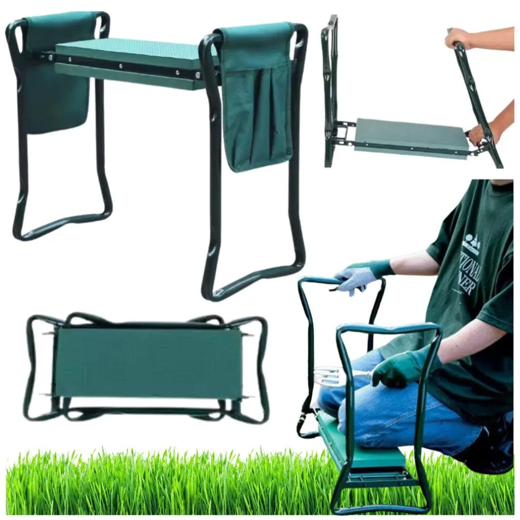 Siège de jardinage multifonction avec rangement outils et sac amovible