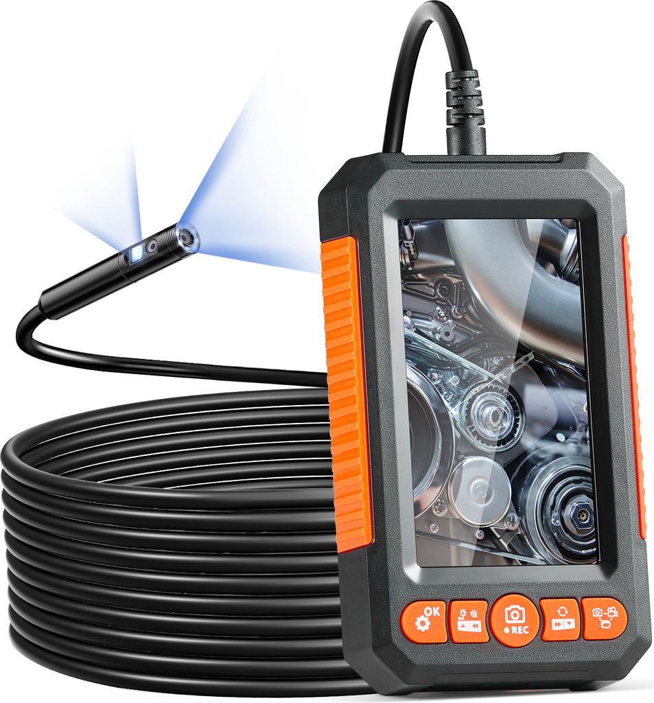 A digital inspection camera with a coiled cable and a screen displaying an engine.