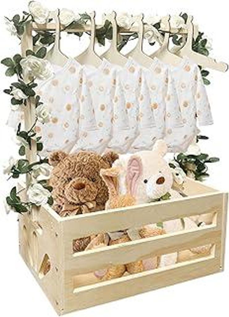 Holz Baby Geschenk Korb mit Griff, Kinder Kleiderbügel und Girlande, Holz Babyparty Schrank, Baby Aufbewahrungskorb,Personalisierte Baby Korb für...
