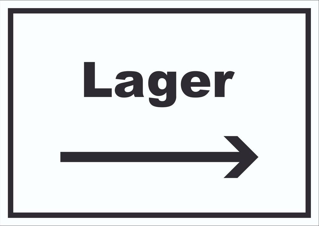 Lager Schild mit Text und Richtungspfeil rechts Storage Warenlager waagerecht A2 Rückseite selbstklebend