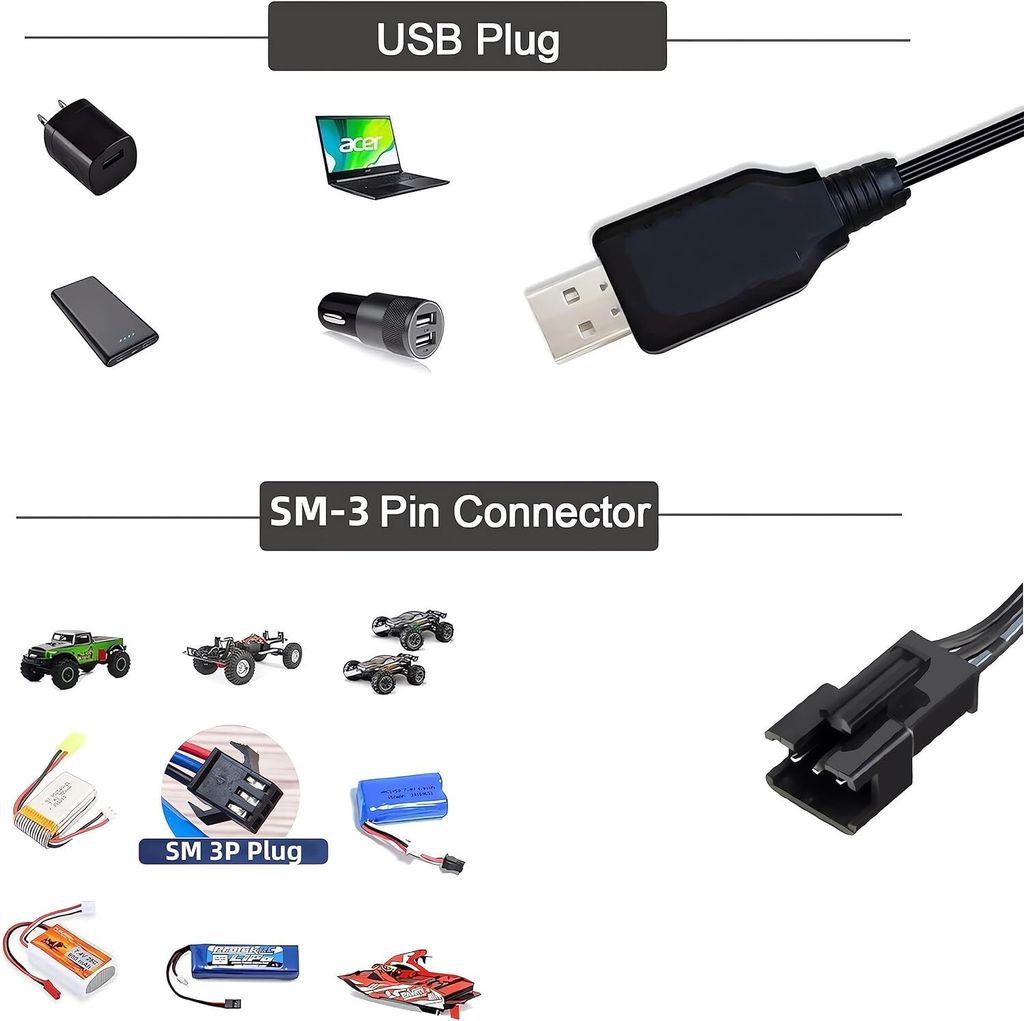 YUNIQUE Batteria Ricaricabile 7.4V 1000mAh SM-4P Per RC DE36W DE65 – Con Cavo USB – Design Compatto E Green - 4