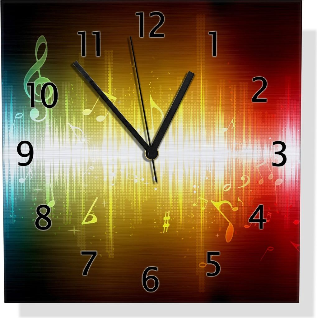 Wallario Design Wanduhr Blau-gelbe Noten der Musik aus Aluverbund, Größe 30 x 30 cm