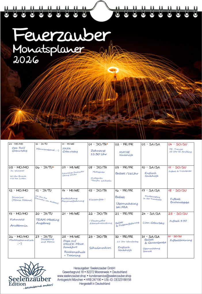 Feuerzauber Planer DIN A4 Kalender für 2026 Feuer - Seelenzauber