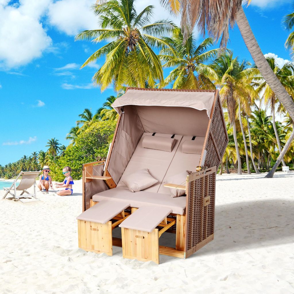 Strandkorb 2 Personen PE-Rattan Beige, Sonneninsel Gartenliege wetterfest, Polyrattan Eisen Holz | 118x79x150 cm | 5-fach Rückenlehne | Sonnendach