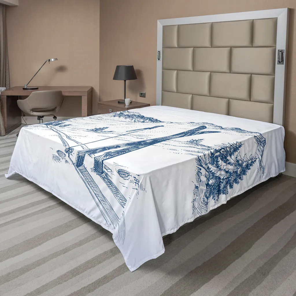 Drap doux motif ski en montagne, coton brossé bleu et blanc, 260x266 cm