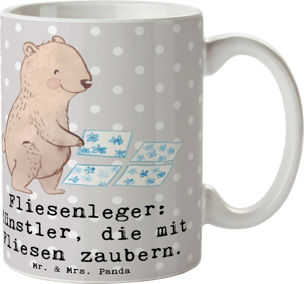 Mr. & Mrs. Panda Tasse Fliesenleger Künstler - Grau Pastell - Geschenk, Detail, Wohnraum, milchkaffeetasse, Teetasse, handgefertigte Geschenke, Ka...