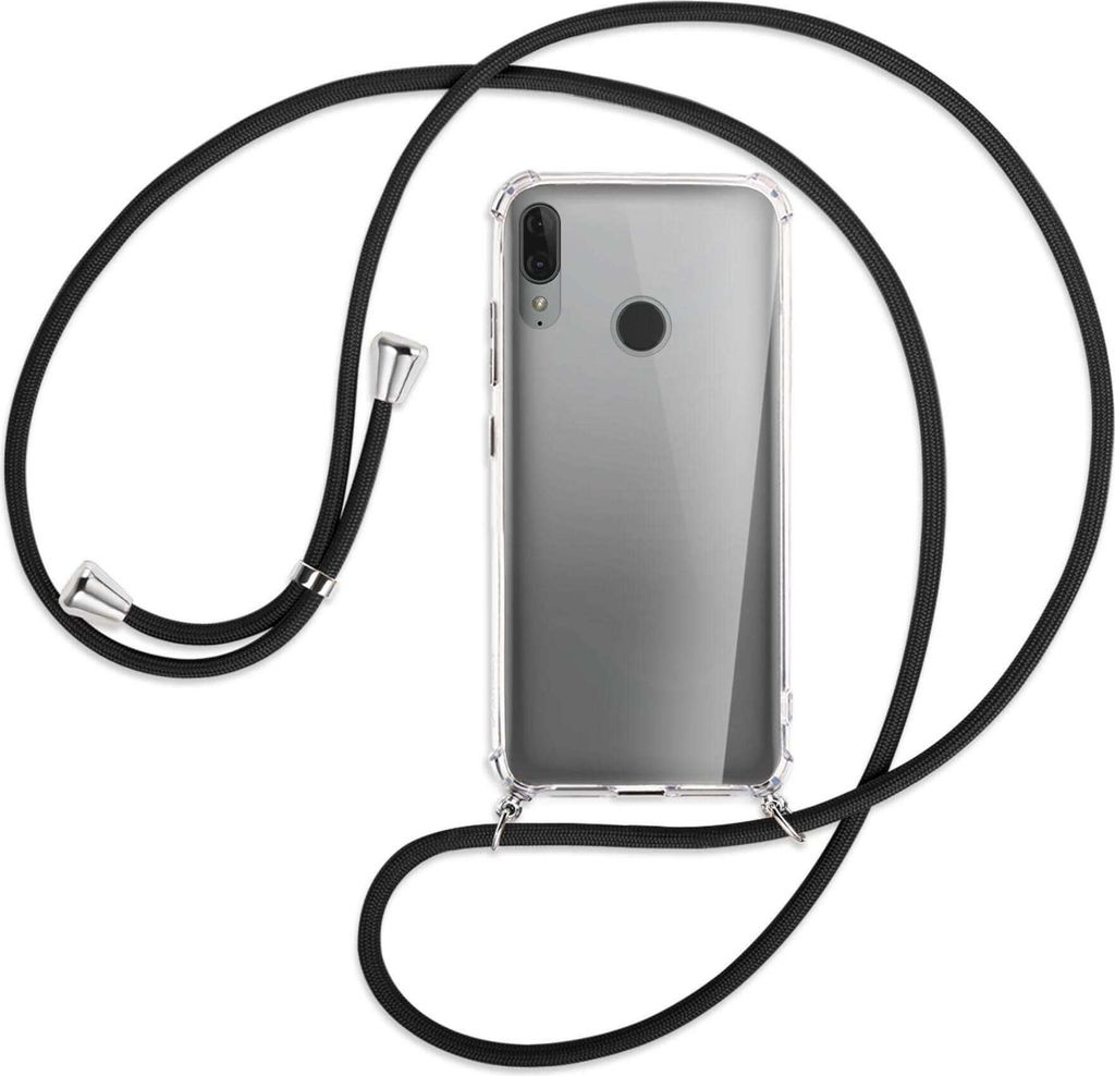 Handykette Backcover-Schutzhülle mit Band (Metall silberfarben) für Motorola Moto E6 Plus - schwarz