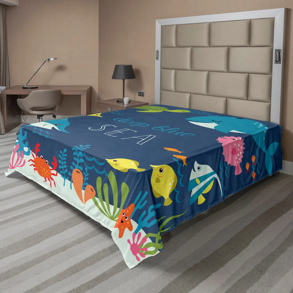 ABAKUHAUS Lenzuolo con caricature, alghe, barriera corallina, tartarughe, vita acquatica, pesci, granchi, tema marino, lenzuolo morbido e confortevole per un letto decorativo, 1 pezzo, 266 cm x 260 cm, multicolore