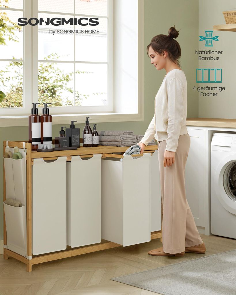 SONGMICS Wäschekorb 4 Fächer, Bambus, Wäschesammler 200 L
