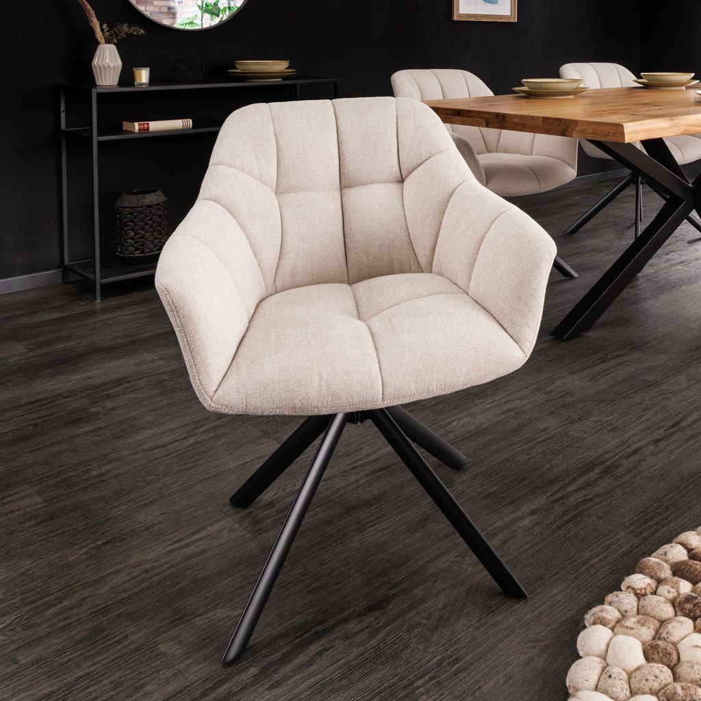 Drehbarer Stuhl PAPILLON champagner beige Ziersteppung schwarzes Metallgestell