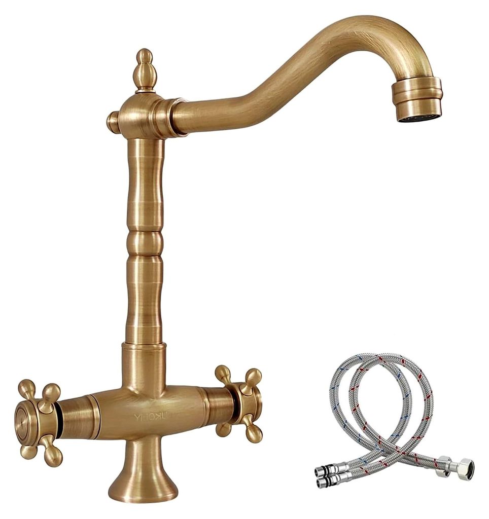 Küchenarmatur Antik Messing, Hochwertige Waschtischarmatur Bronze, 360° Drehbar, Nostalgische Zweigriff Mischbatterie für Waschbecken und Bad