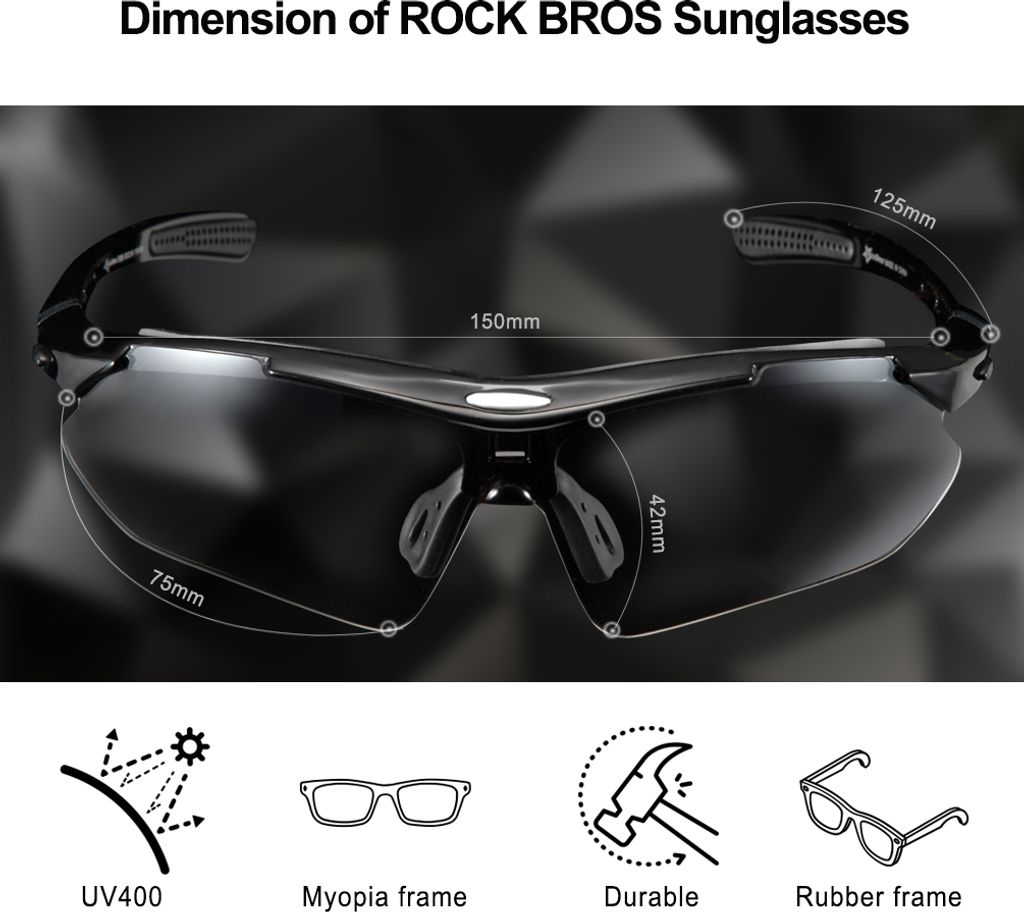 RockBros Lunettes Vélo Photochromiques - Sport UV400 Noir Unisexe Neuves