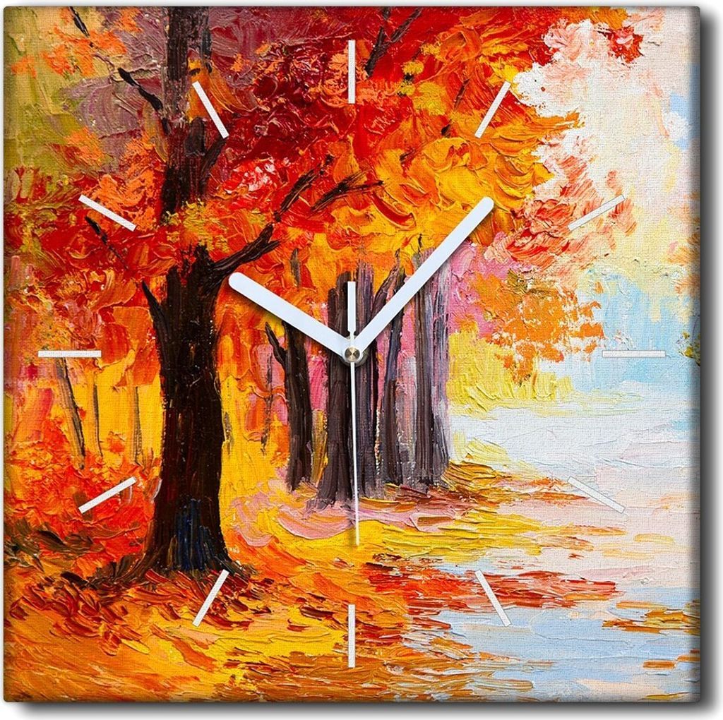 Coloray Uhr auf Leinwand 30x30 cm Wand Uhr Dekoration Wohnzimmer Segeltuch weiße Zeiger -Herbstwaldlandschaft.