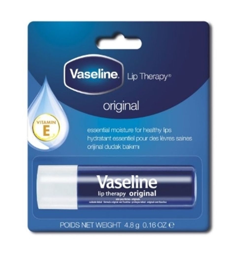 A retail package for Vaseline Lip Therapy Original lip balm.