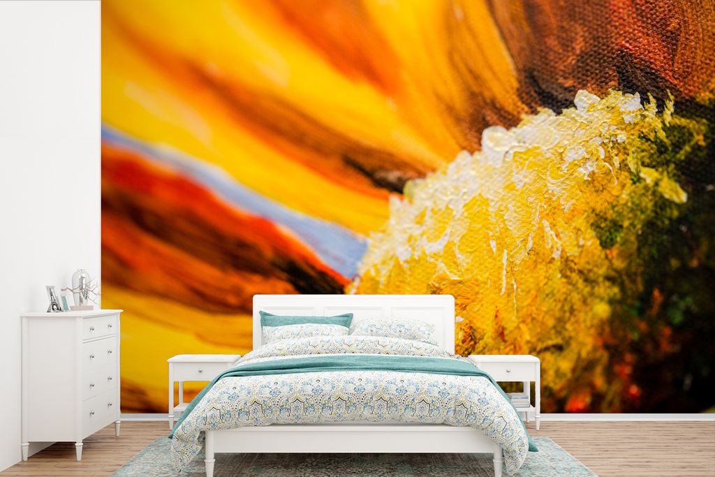 MuchoWow Fototapete für Wohnzimmer oder Schlafzimmer Wandtapete Vinyl Motivtapete Nahaufnahme eines Ölgemäldes mit einer Sonnenblume - 600x400...
