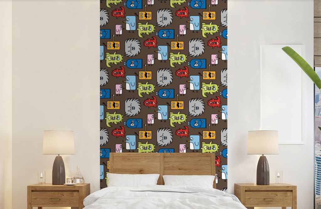 MuchoWow Fototapete für Wohnzimmer oder Schlafzimmer Wandtapete Vinyl Motivtapete Muster - Monster - Tiere - Kinder - Kinder - 120x240 cm - Hint...