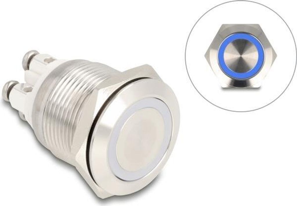 Delock Drücktaster - für 19 mm Installation, 4 x Schraubklemme, blaue LED