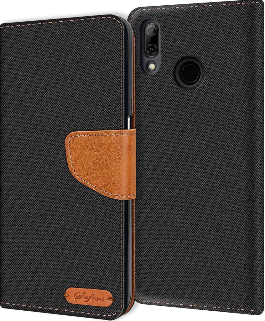 A black flip case for a Huawei P20 Lite phone, with a brown leather strap and a small brown logo on the front.