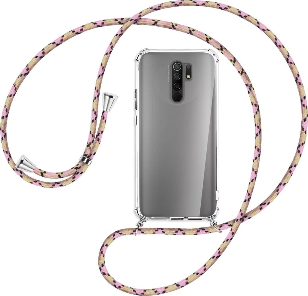Handykette Backcover-Schutzhülle mit Band (Metall silberfarben) für Xiaomi Redmi 9 - rosa Karo