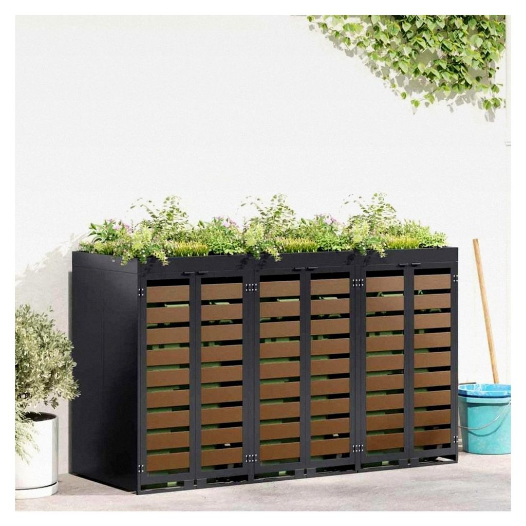 Müllbehälter für 3 Behälter in Anthrazit, für Garten und Terrasse, moderne Abfalllösung, belüftete Box, stilvoller Außenorganizer, platzspa...