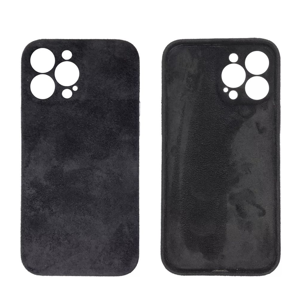 Two black phone cases are shown side-by-side against a white background. The case on the left shows the back with a camera cutout, and the case on the right shows the inside.
