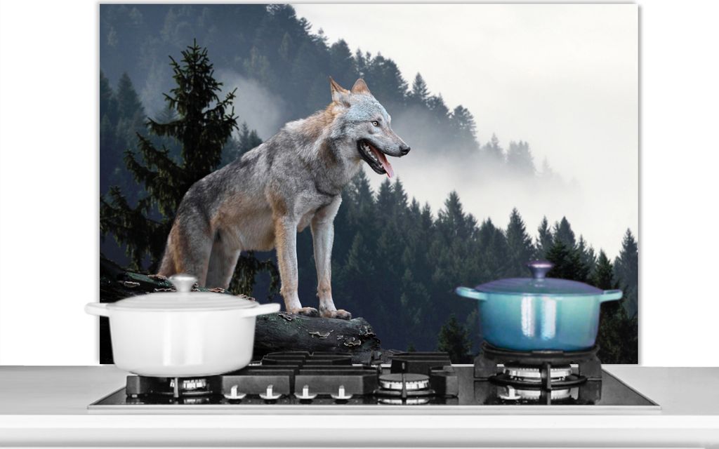 KitchenYeah Spritzschutz Küche - Küchenrückwand - Wandschutz für Herd und Spüle - Wolf - Tier - Wald 100x65 - Alu-Dibond (Alternative zum Sp...