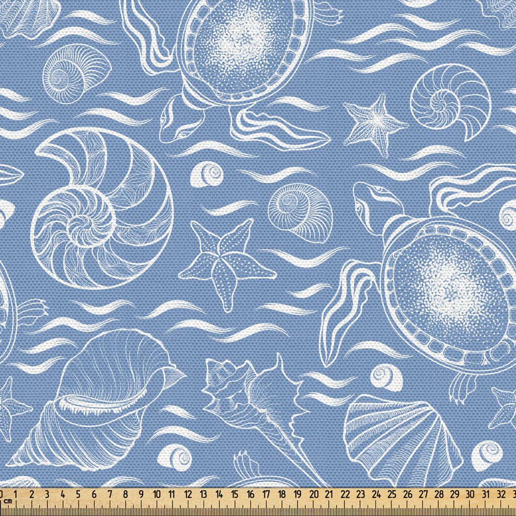 ABAKUHAUS Schildkröte Gewebe als Meterware, Schildkröte und Mollusk Sketch Wavy Ocean Muster Monochrom Marine Zusammensetzung, 3 M (148 x 300 cm)...