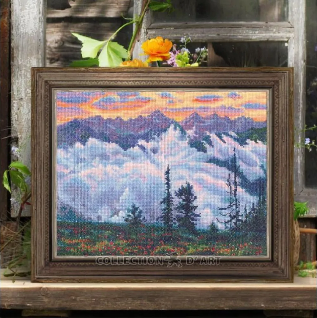 Kit Punto Croce Awesocrafts Tramonto - 14CT Tessuto Stampato, 44x44 Cm, 2 Fili, Forniture Complete Per Ricamo