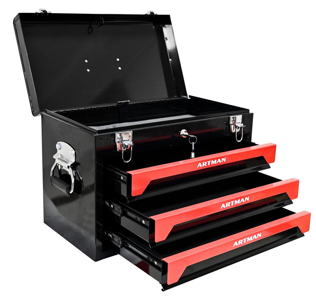 Werkzeugkasten 3-schichtig 50 cm šC Tragbarer Stahl-Werkzeugkoffer in Schwarz-Rot, Metallriegel, ohne Werkzeuge, fš¹r Garage & Werkstatt, 50x27x...