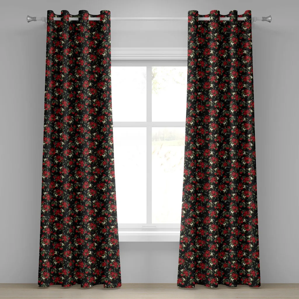 Rideau de décoration pour salon et chambre fleurs rouges et noires 2pz