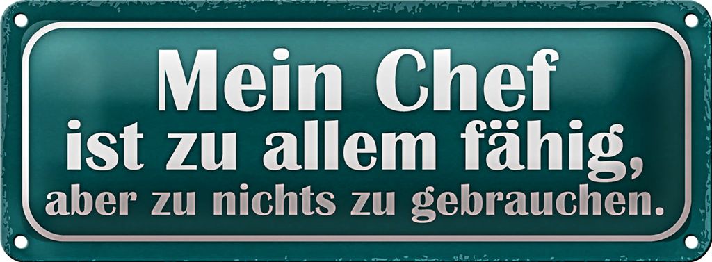 Blechschild Spruch 27x10cm mein Chef ist zu allem fähig Dekoration