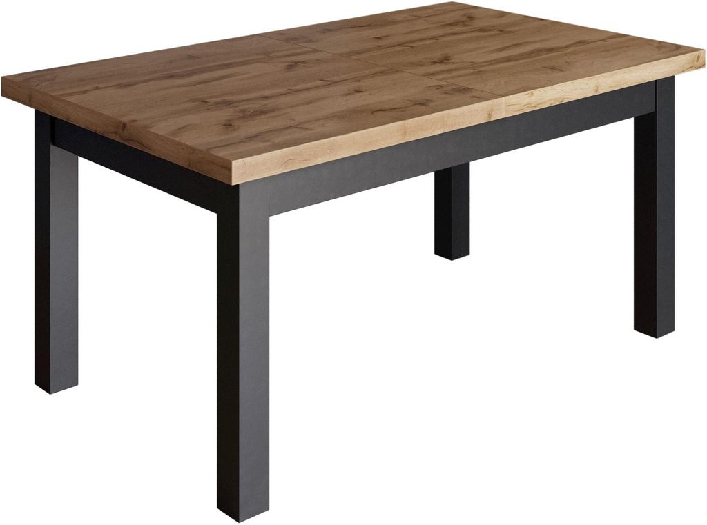 A rectangular dining table with a wood-effect top and black legs, shown from a three-quarter angle against a white background.