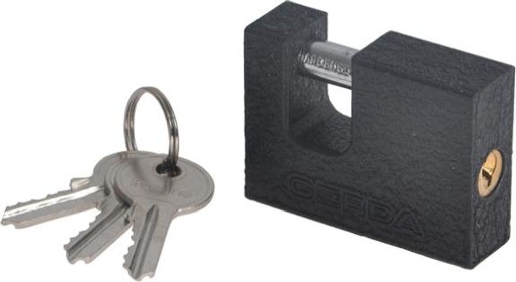 A black padlock and three silver keys are shown against a white background.