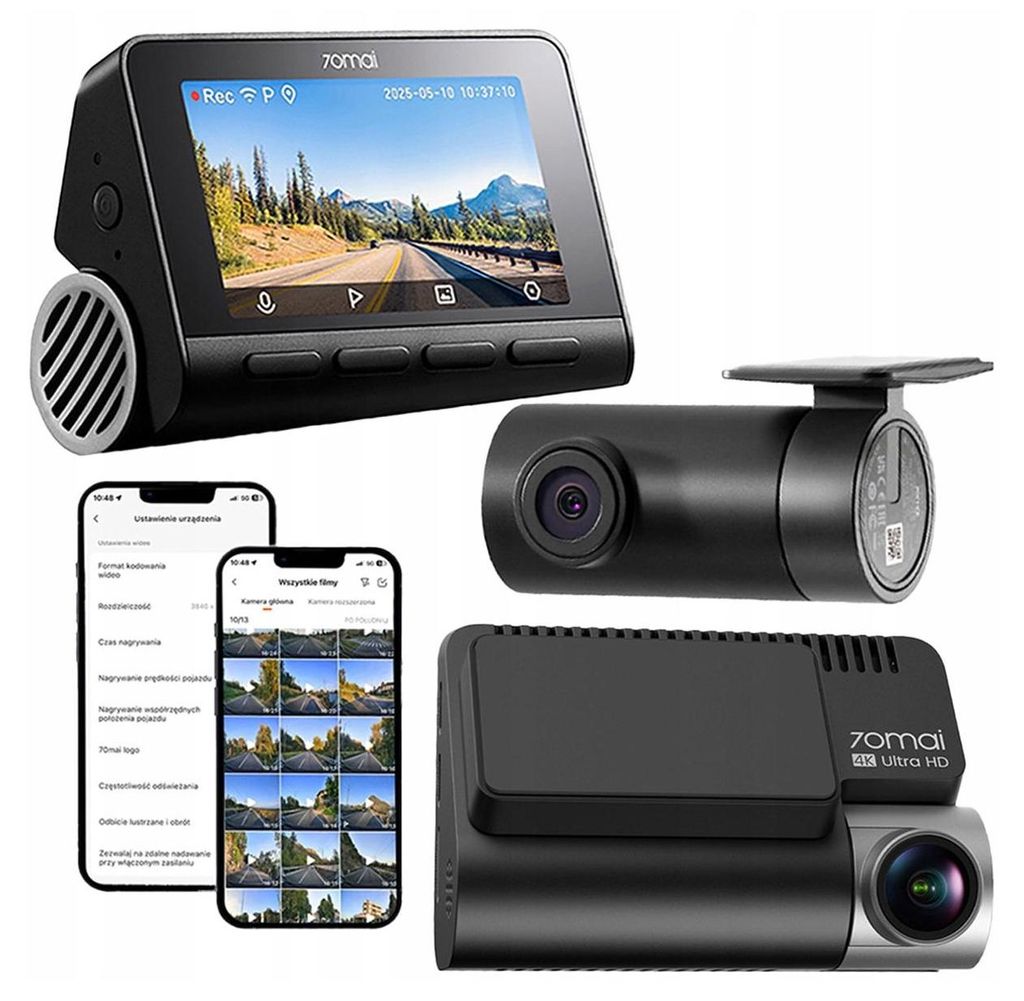 A collage of a dashcam, its rear camera, and smartphone app interface.