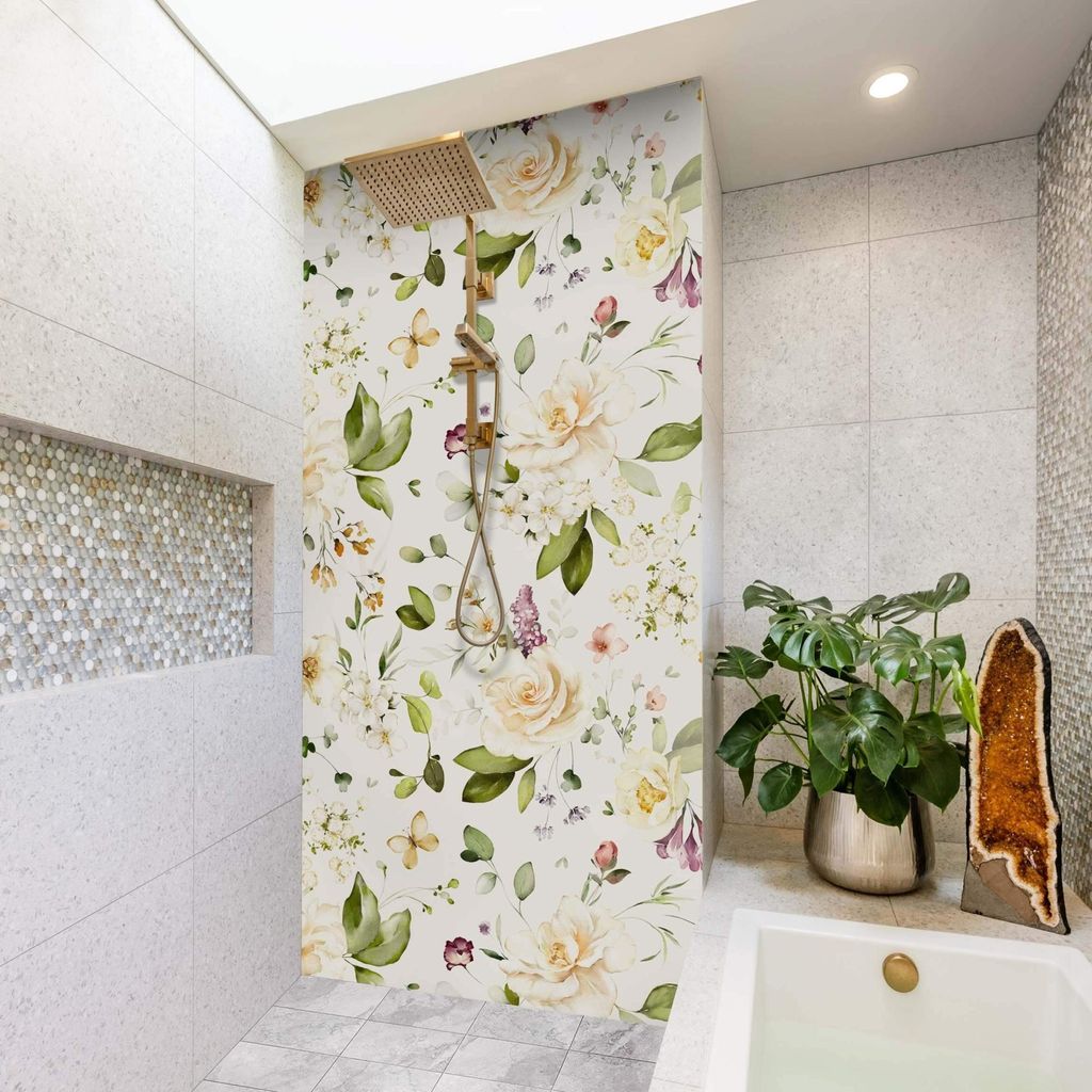Duschrückwand Tiere selbstklebend - 0.61 mm Wandpaneel wasserfest Rose weiss Aquarell Badrückwand fugenlos Premium matt 110x210 cm