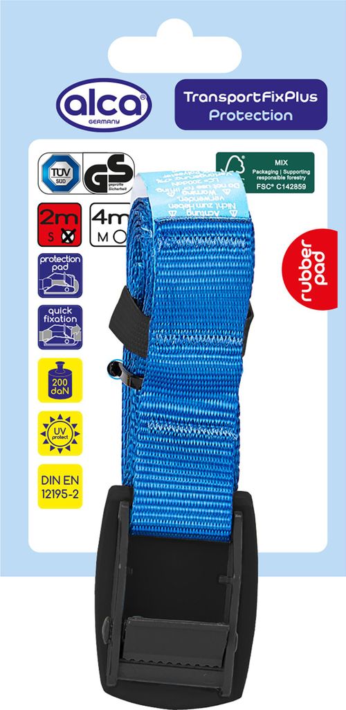 alca Spanngurt mit Schnallenschutz 25 mm x 2,0 m, 200 daN, blau, verstellbar mit Klemmschloss, Zurrgurt, Spanner, nach DIN EN 12195-2